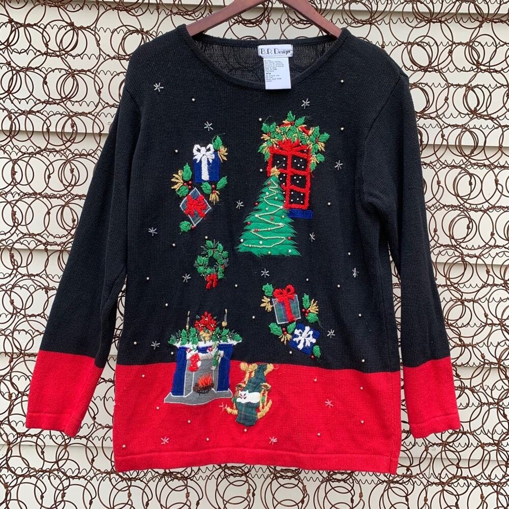 Vintage 90s gaudy ugly Christmas sweater cat fireplace MEDIUM